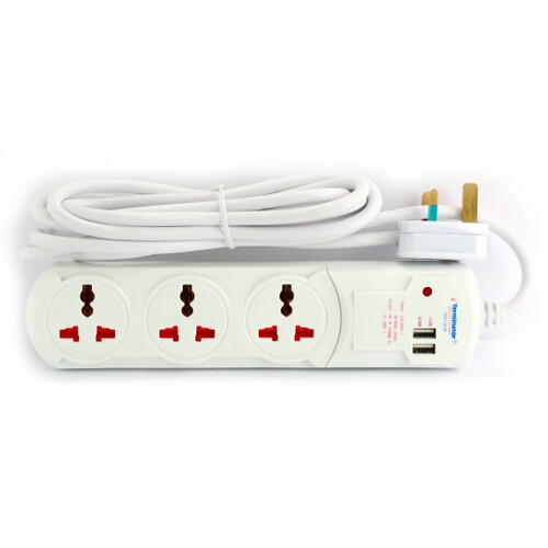 تيرمنايتور وصلة تمديد كهرباء 3 منافذ 13A منافذ عالمية 2 منافذ USB للشحن مع سلك 3 امتار TPB‪-13U21