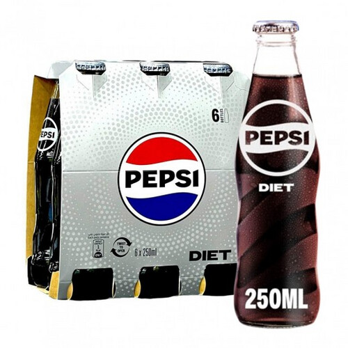 PEPSI DIET SOFT DRINK IN GLASS BOTTLE 6 X 250 ML