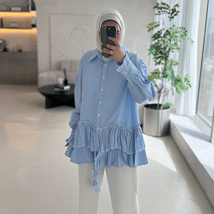 blue striped end ruffle top