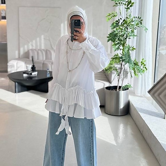 white striped end ruffle top