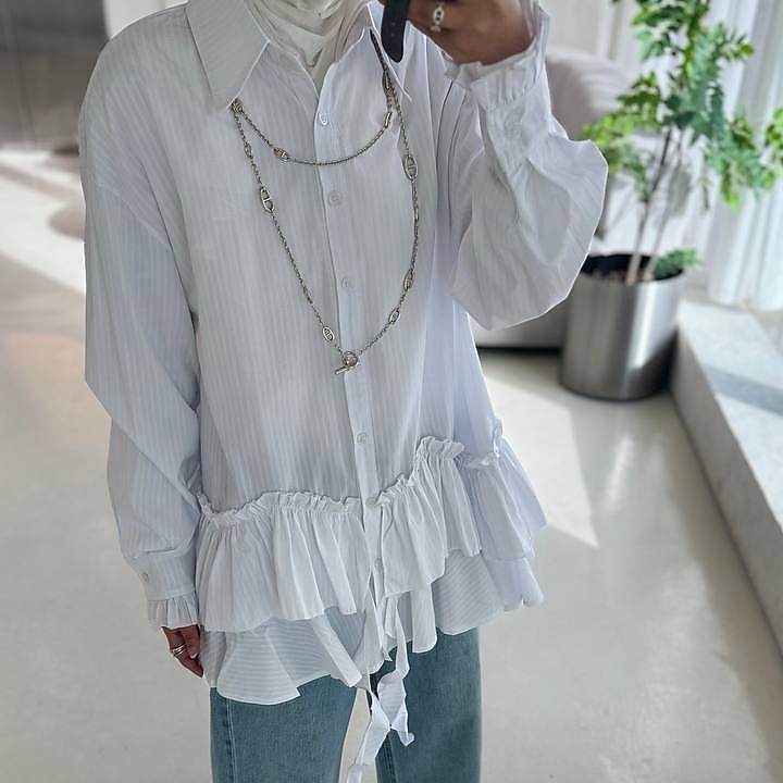 white striped end ruffle top