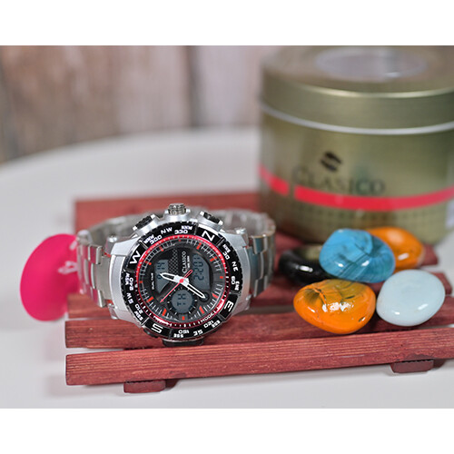 Clasico Men Watchj Steel Digital Silver in Red             SKU-208