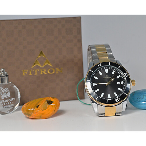 Fitron Men Watch Silver Steel with Gold in Black             SKU-213