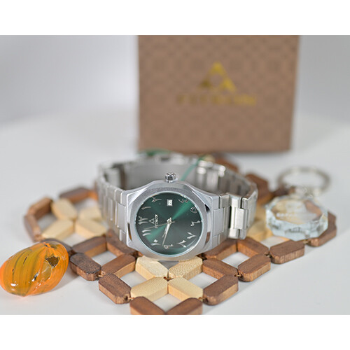 Watch - FITRON  - Brand - for Men - Color - Silver /Inner Green- (Strap Steel )             SKU-505