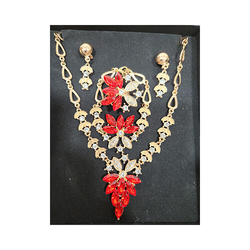 Necklace Set Gold With Red  Diamonds leaves and rigns Set             SKU-2027