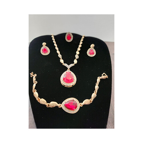 Necklace Set Gold  Tear Red Shape &  Rigns Set             SKU-2030