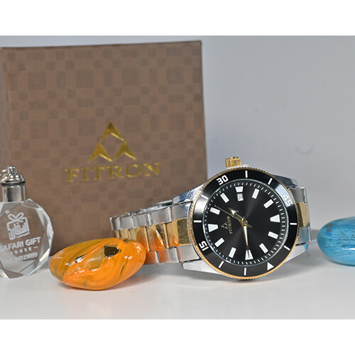 Fitron Men Watch Silver Steel with Gold in Black             SKU-213