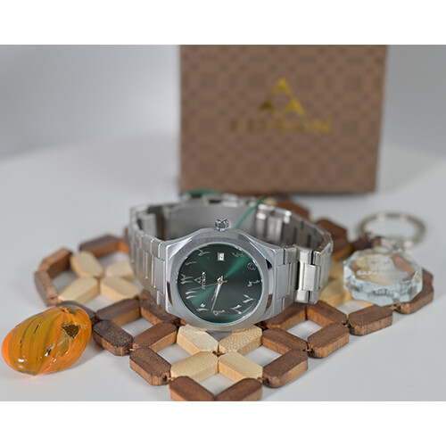 Watch - FITRON  - Brand - for Men - Color - Silver /Inner Green- (Strap Steel )             SKU-505