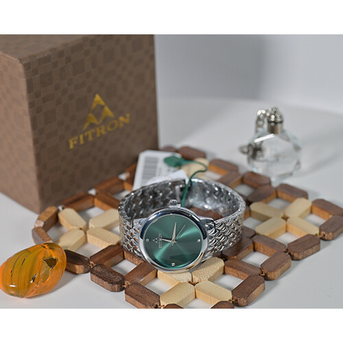 Watch - FITRON  - Brand - for Men - Color - Black - Inner Green- (Strap Steel)             SKU-506