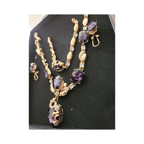 Necklace Set Gold With Purple &  Diamonds Rigns Set             SKU-2028