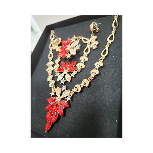 Necklace Set Gold With Red  Diamonds leaves and rigns Set             SKU-2027