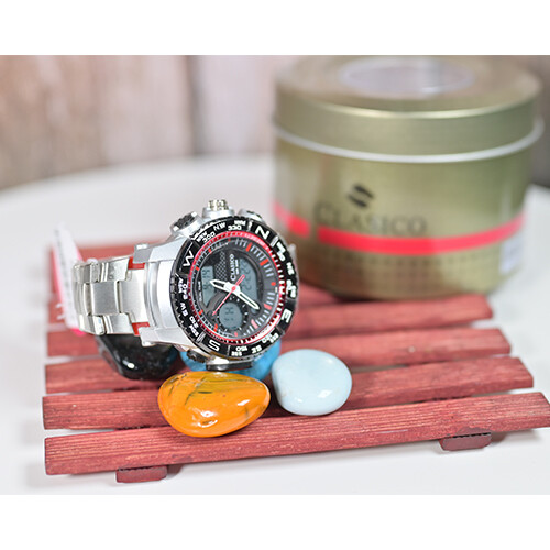 Clasico Men Watchj Steel Digital Silver in Red             SKU-208