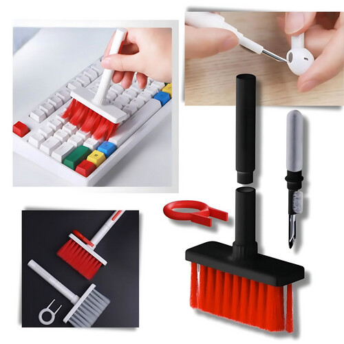 GR3226 فرشاة ٥ في ١ لتنظيف لوحة المفاتيح الكيبورد متعدد الاستخدمات - اللون احمر وابيض