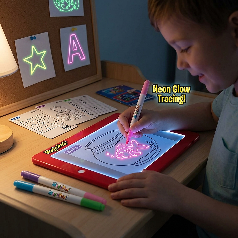 GR3182 لوحة رسم وكتابة مضيئة بتقنية LED مع أقلام وفرشاة ومشابك للأطفال