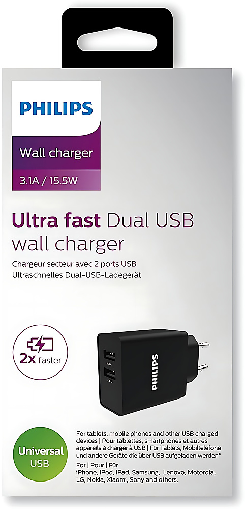 GR3162 فيليبس DLP2610/12 - شاحن حائط بمنفذي USB - أسود