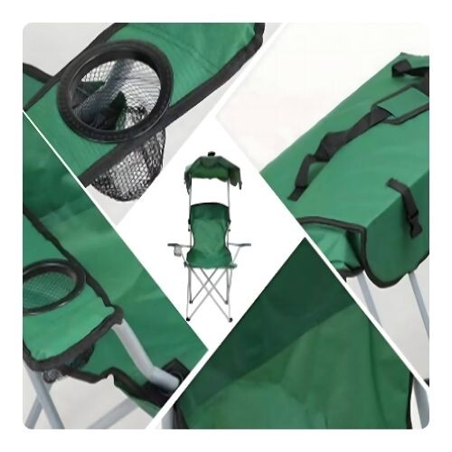 GR514 كرسي شاطئ قابل للطي مع قاعدة أكواب ومظلة - اللون اخضر