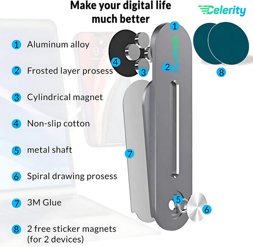 GR3228 حامل جوال للابتوب، مشبك تثبيت جانبي بمشبك تمديد مغناطيسي لجهازالتابلت والهاتف الذكي