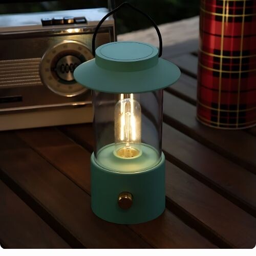 GR3247 فانوس أخضر مزرق مع لمبة LED ومفتاح باهت (ارتفاع 19 سم)