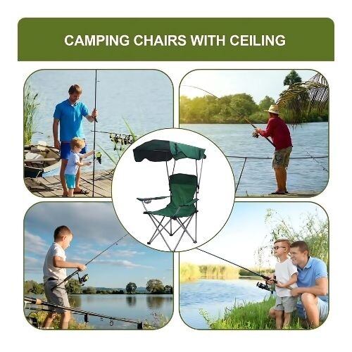 GR514 كرسي شاطئ قابل للطي مع قاعدة أكواب ومظلة - اللون اخضر