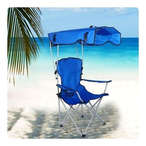GR515 كرسي شاطئ قابل للطي مع قاعدة أكواب ومظلة - اللون أزرق