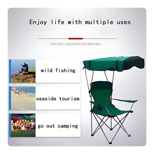 GR514 كرسي شاطئ قابل للطي مع قاعدة أكواب ومظلة - اللون اخضر