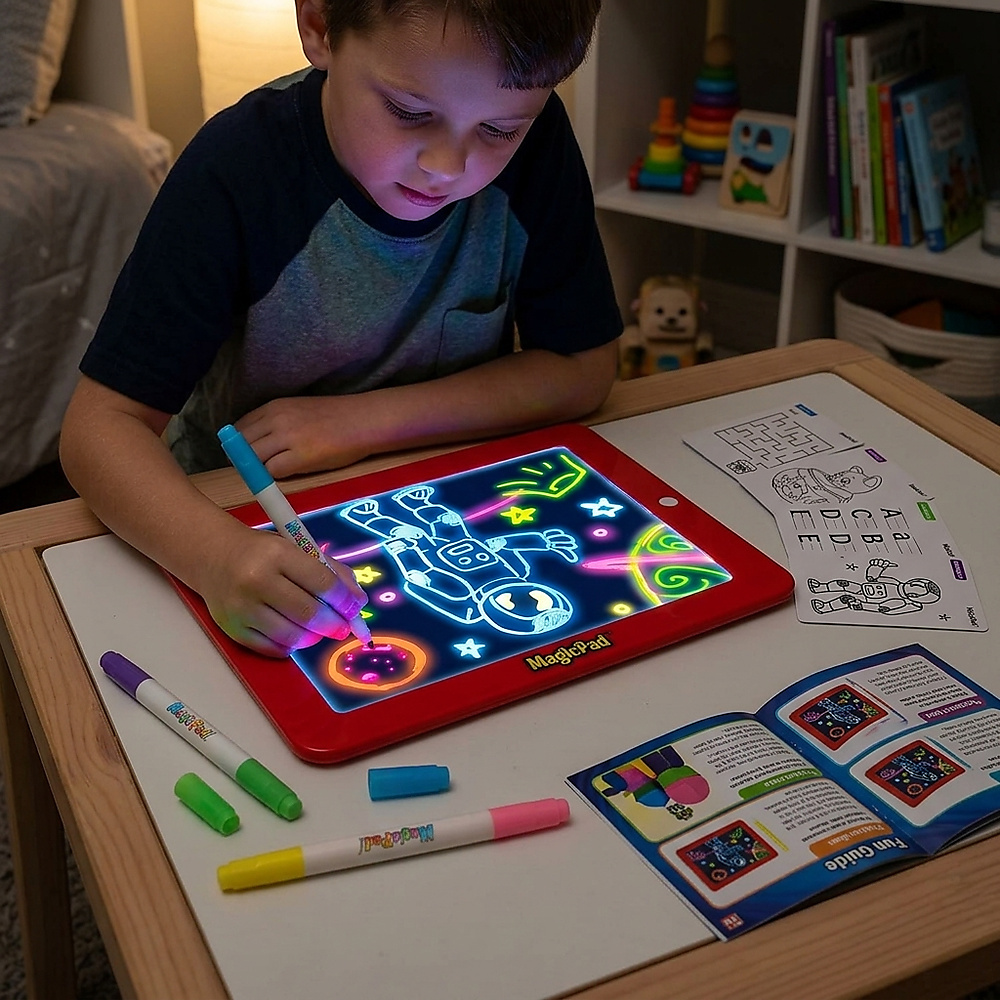 GR3182 لوحة رسم وكتابة مضيئة بتقنية LED مع أقلام وفرشاة ومشابك للأطفال