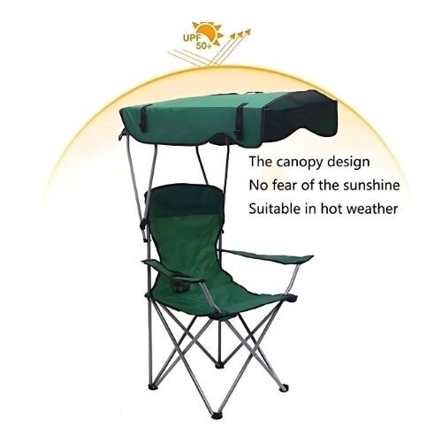 GR514 كرسي شاطئ قابل للطي مع قاعدة أكواب ومظلة - اللون اخضر