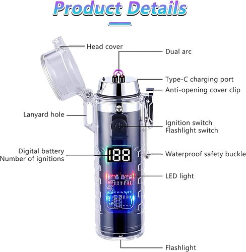 GR3420 ولاعة شفافة مقاومة للماء وقابلة لإعادة الشحن، تعمل بتقنية البلازما  مع مصباح LED