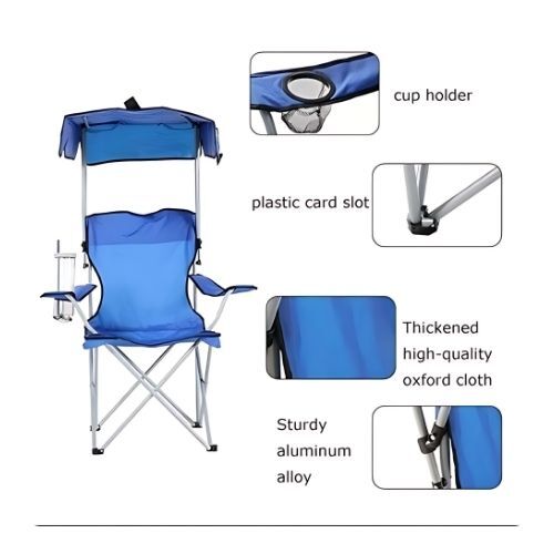 GR515 كرسي شاطئ قابل للطي مع قاعدة أكواب ومظلة - اللون أزرق