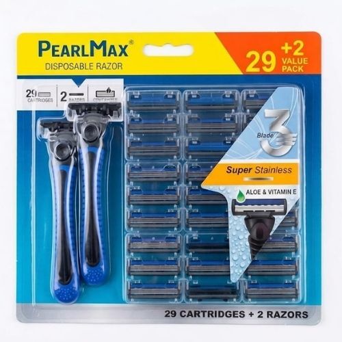 Razor blade set with 29 interchangeable heads and 2 manual razors