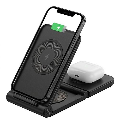 شاحن لاسلكي 2 في 1 (2-in-1 Wireless Charger) من شركة Budi يدعم الشحن السريع للهاتف والسماعة