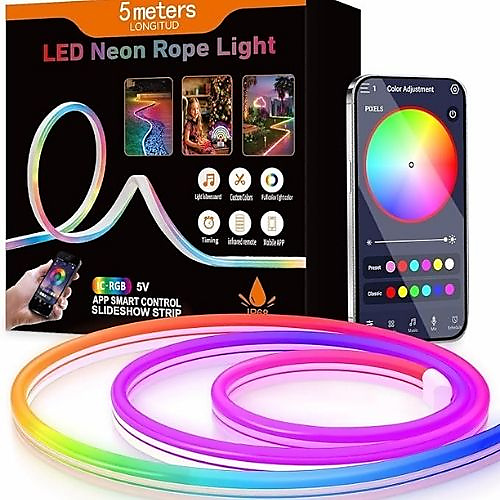 شريط اضاءة LED نيون RGB-IC بطول 16.4 قدم، 5 فولت يعمل بالبلوتوث مع تحكم في التطبيق ومزامنة الموسيقى،