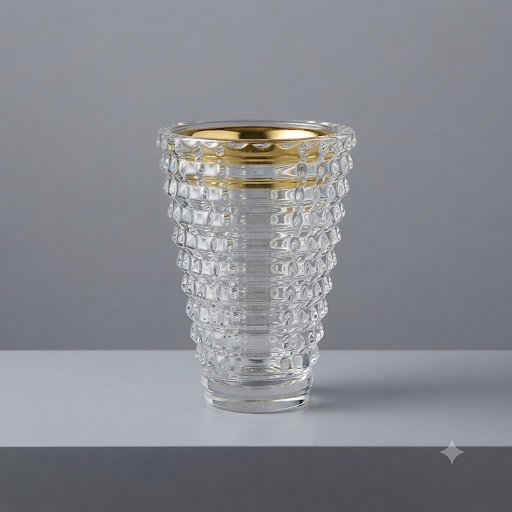 A luxurious glass incense burner featuring a raised geometric design and a gold-colored rim