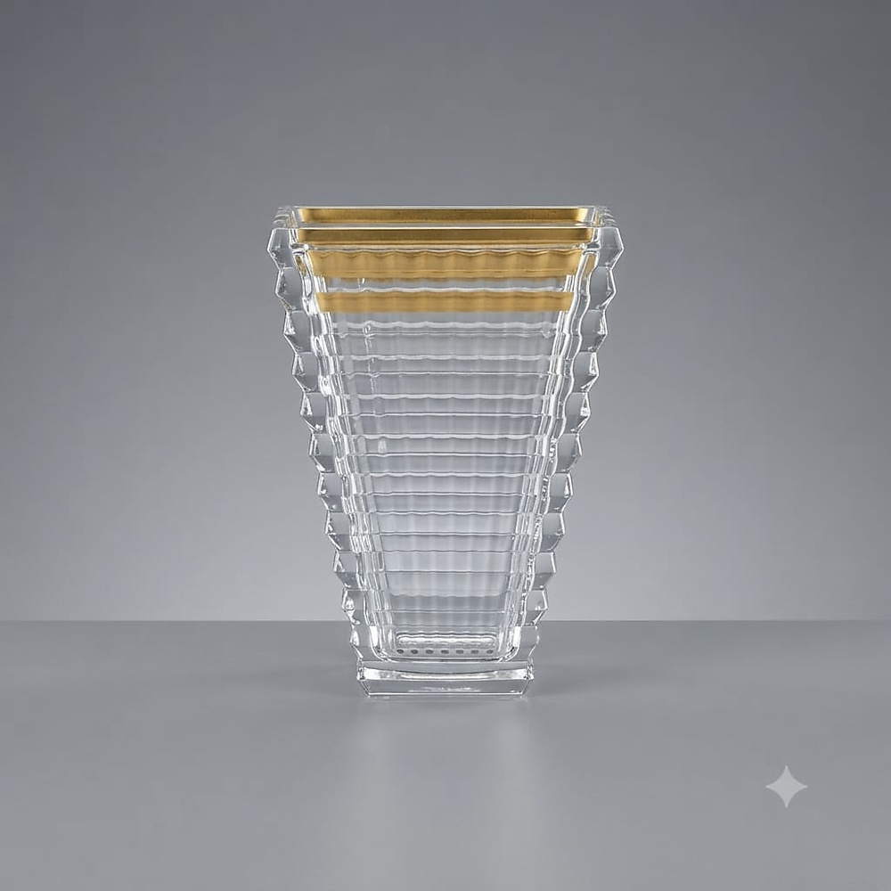 Incense burner with a clear glass body, featuring a base and raised geometric details resembling a t