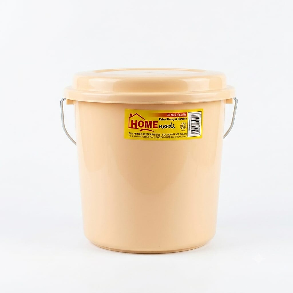 Plastic bucket with a lid and a metal handle
