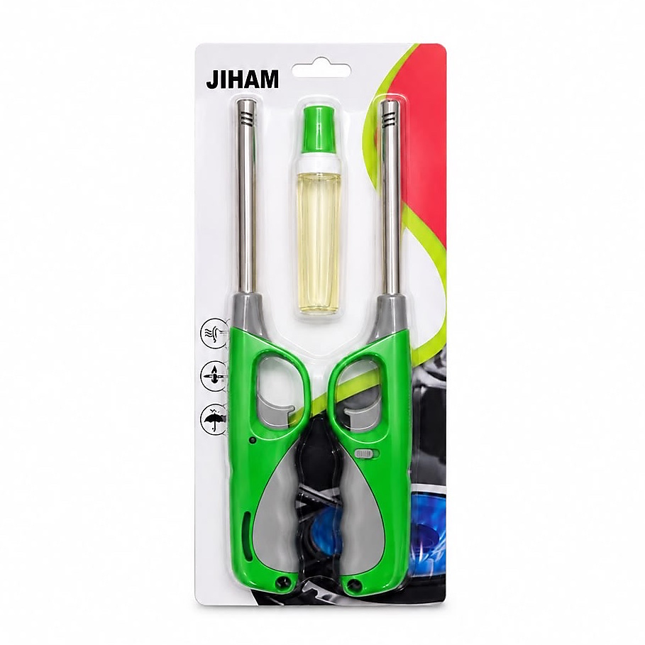 ولاعة غاز طويلة JIHAM 🔥طقم عملي مكوّن من ولاعتين طويلتين مع عبوة تعبئة، مناسب لإشعال الفحم، الشوايات