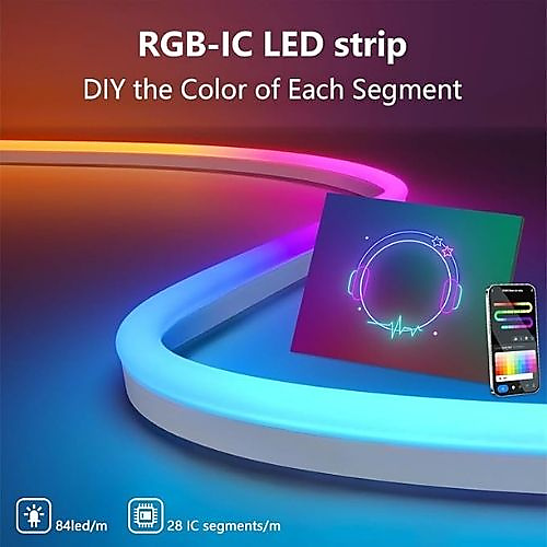 شريط اضاءة LED نيون RGB-IC بطول 16.4 قدم، 5 فولت يعمل بالبلوتوث مع تحكم في التطبيق ومزامنة الموسيقى،