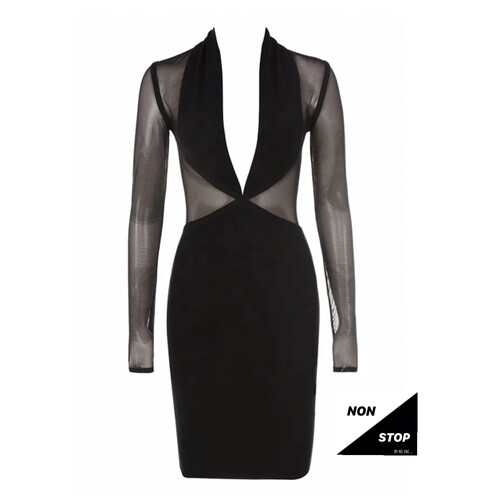 فستان اسود باندج مع اكمام شفافة