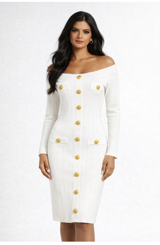 فستان ابيض ب اكمام طويله كتف نازل