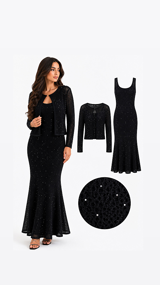 Set of cardigan and net dress with Swarovski