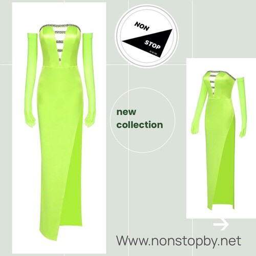 فستان اخضر نيون مع قفازات و شوارفسكي