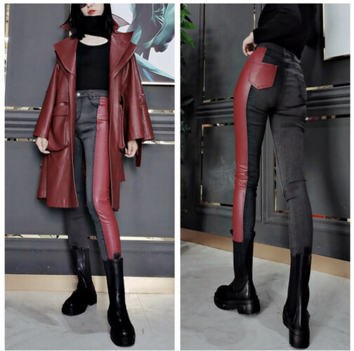 بنطلون جينز مع جلد احمر