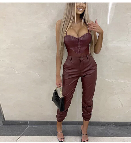 بودي سوت عنابي جلد مع شيفون