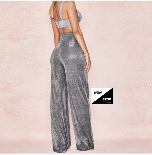 بنطلون فضي لامع خصر عالي