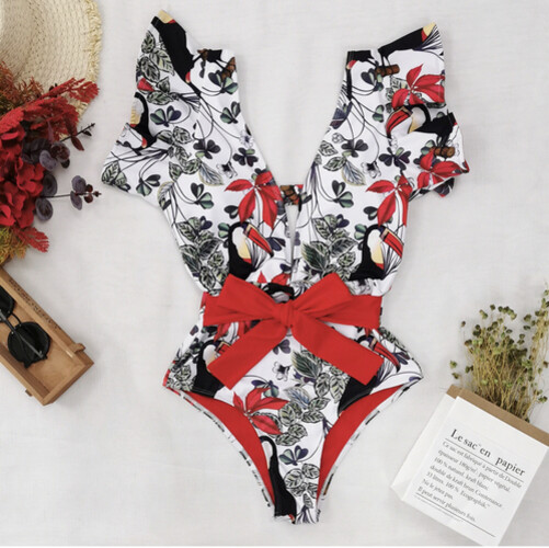 مايوه قطعه واحده ابيض و احمر