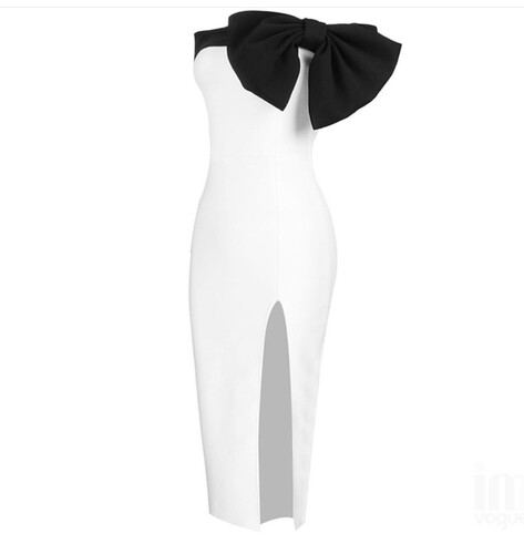 فستان ابيض ميدي مع فيونكا اسود