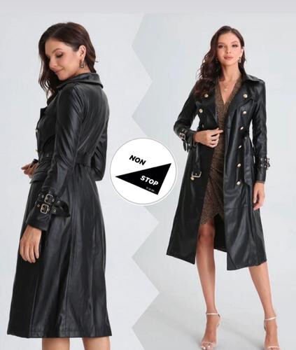 جاكيت كوت جلد اسود مع حزام و ازره