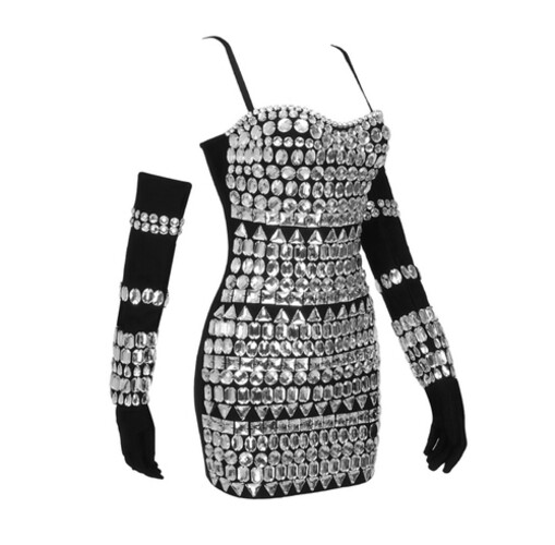 فستان شوارفسكي قصير مع قفازات
