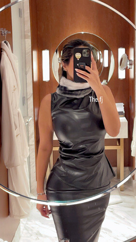 بدله قطعتين تنوره و بلوزه جلد مع فرو