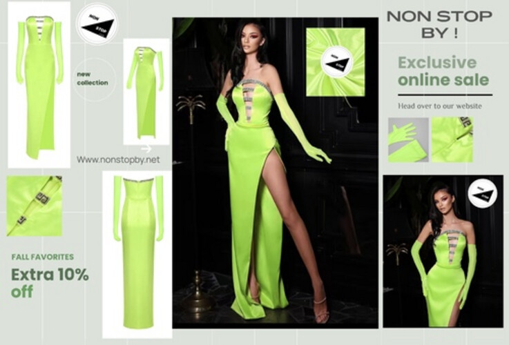 فستان اخضر نيون مع قفازات و شوارفسكي